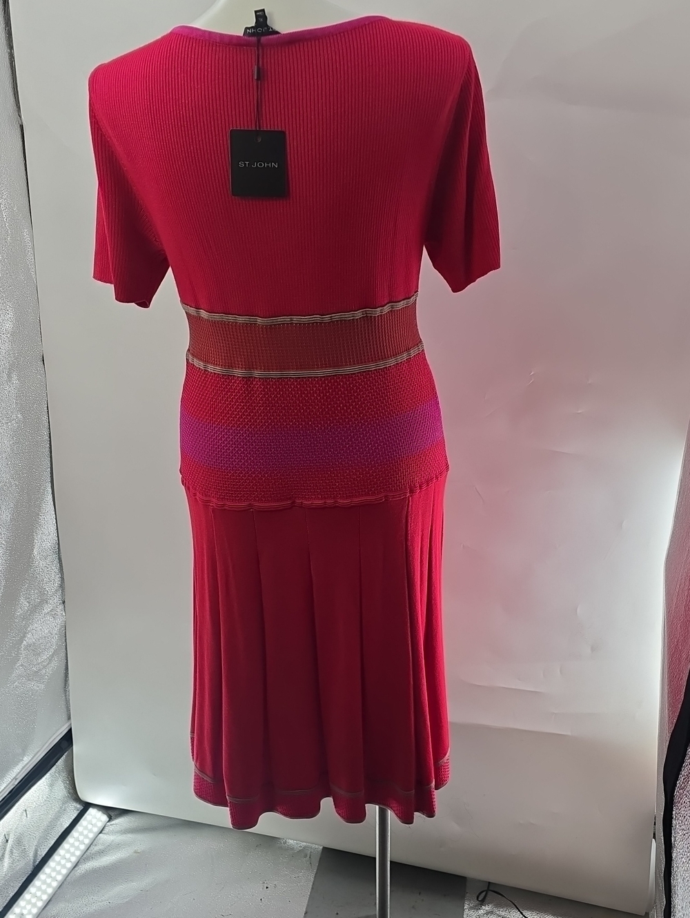 St. John Short-Sleeve Pleated Midi Dress with Stripe Accents - Picture 5 of 8